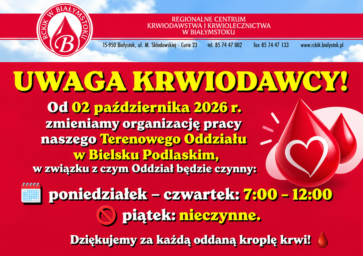 Zmiana organizacji pracy Terenowego Oddziału w Bielsku Podlaskim