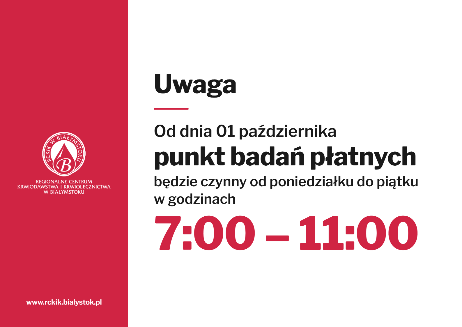 Zmiana godzin pracy punktu badań płatnych