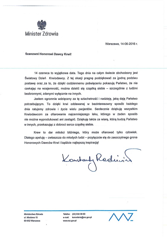 Życzenia dla krwiodawców